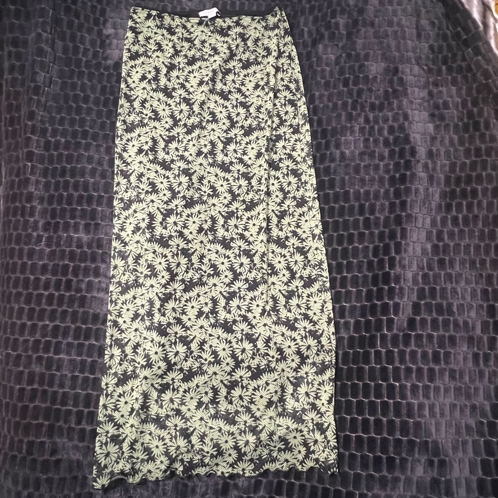 Topshop Black and Green Floral Midi Skirt